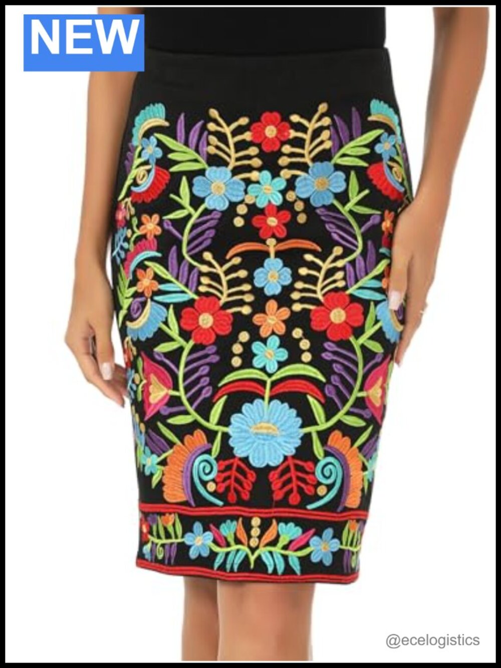 Mexican Floral Embroidered Midi Skirt High Waist Pencil Skirt for Women